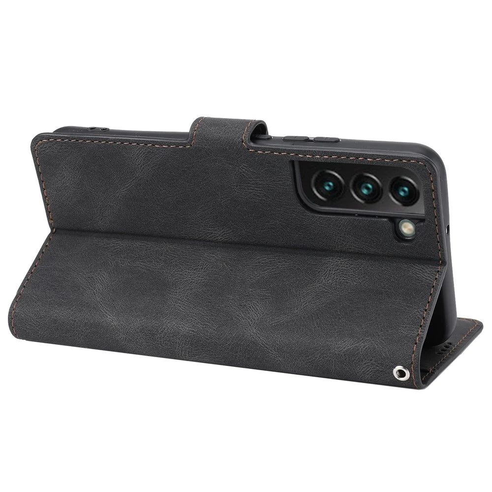 Anti-drop Magnetic Closure Phone Cover For Samsung Galaxy S23+, PU Leather Flip Phone Case Stand Wallet with Strap - Black - 4