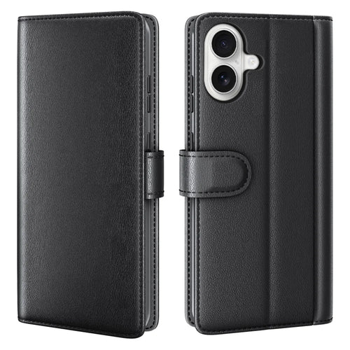 AMORUS For iPhone 17 Stand Cases Calf Texture Genuine Split Leather Wallet Phone Cover - Black - 1