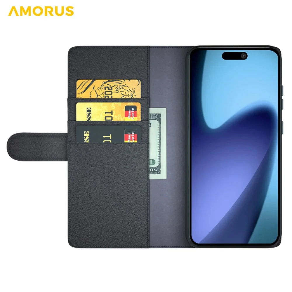 AMORUS For iPhone 17 Stand Cases Calf Texture Genuine Split Leather Wallet Phone Cover - Black - 2