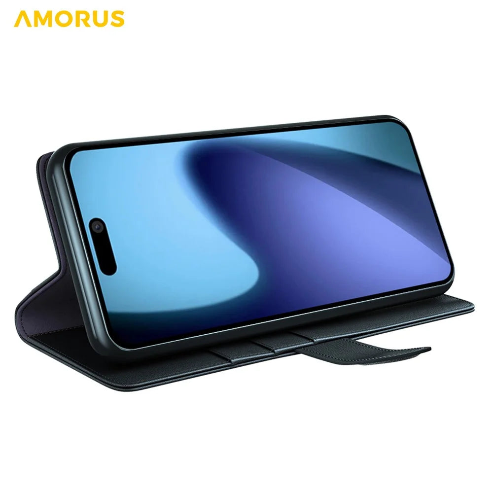 AMORUS For iPhone 17 Stand Cases Calf Texture Genuine Split Leather Wallet Phone Cover - Black - 3