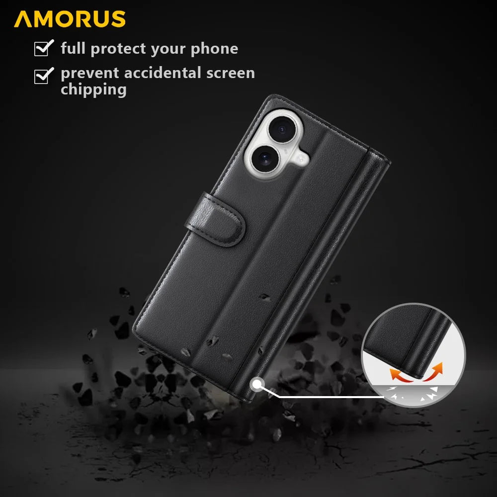 AMORUS For iPhone 17 Stand Cases Calf Texture Genuine Split Leather Wallet Phone Cover - Black - 4