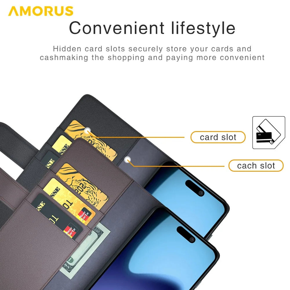 AMORUS For iPhone 17 Stand Cases Calf Texture Genuine Split Leather Wallet Phone Cover - Black - 5