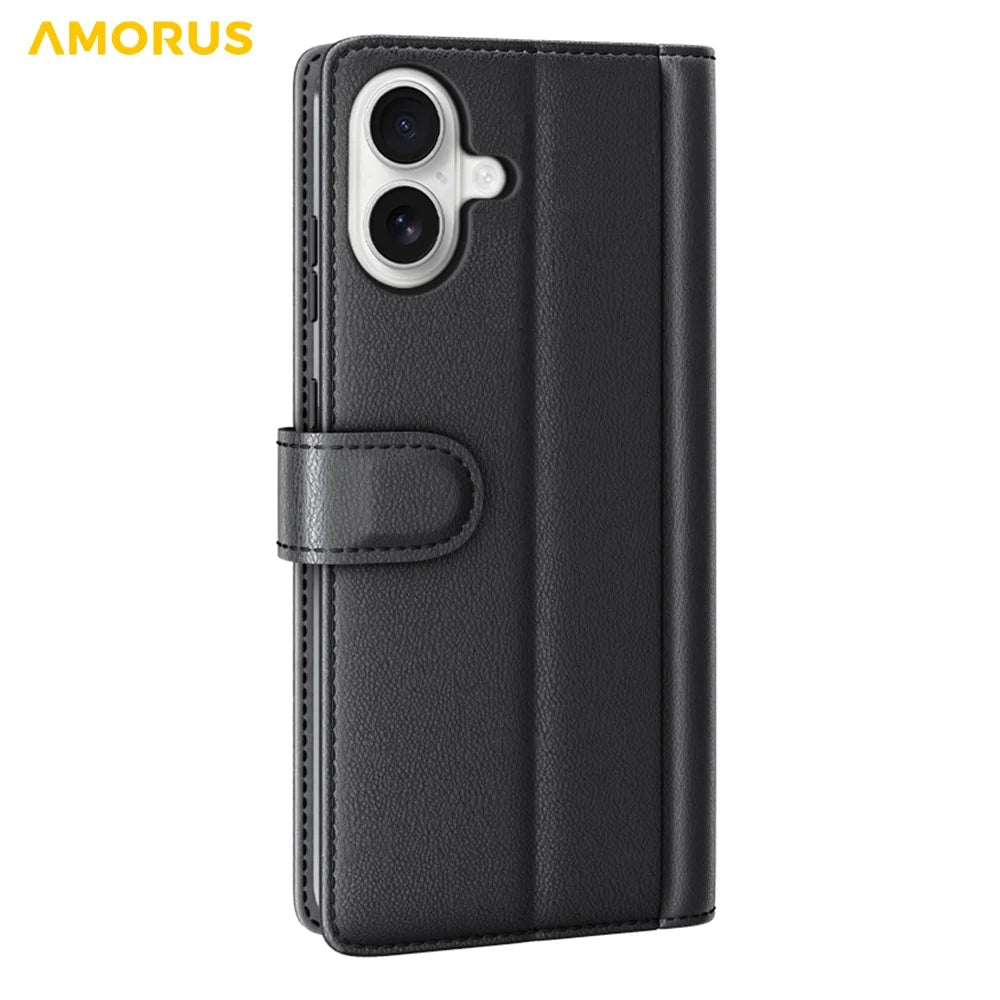 AMORUS For iPhone 17 Stand Cases Calf Texture Genuine Split Leather Wallet Phone Cover - Black - 6