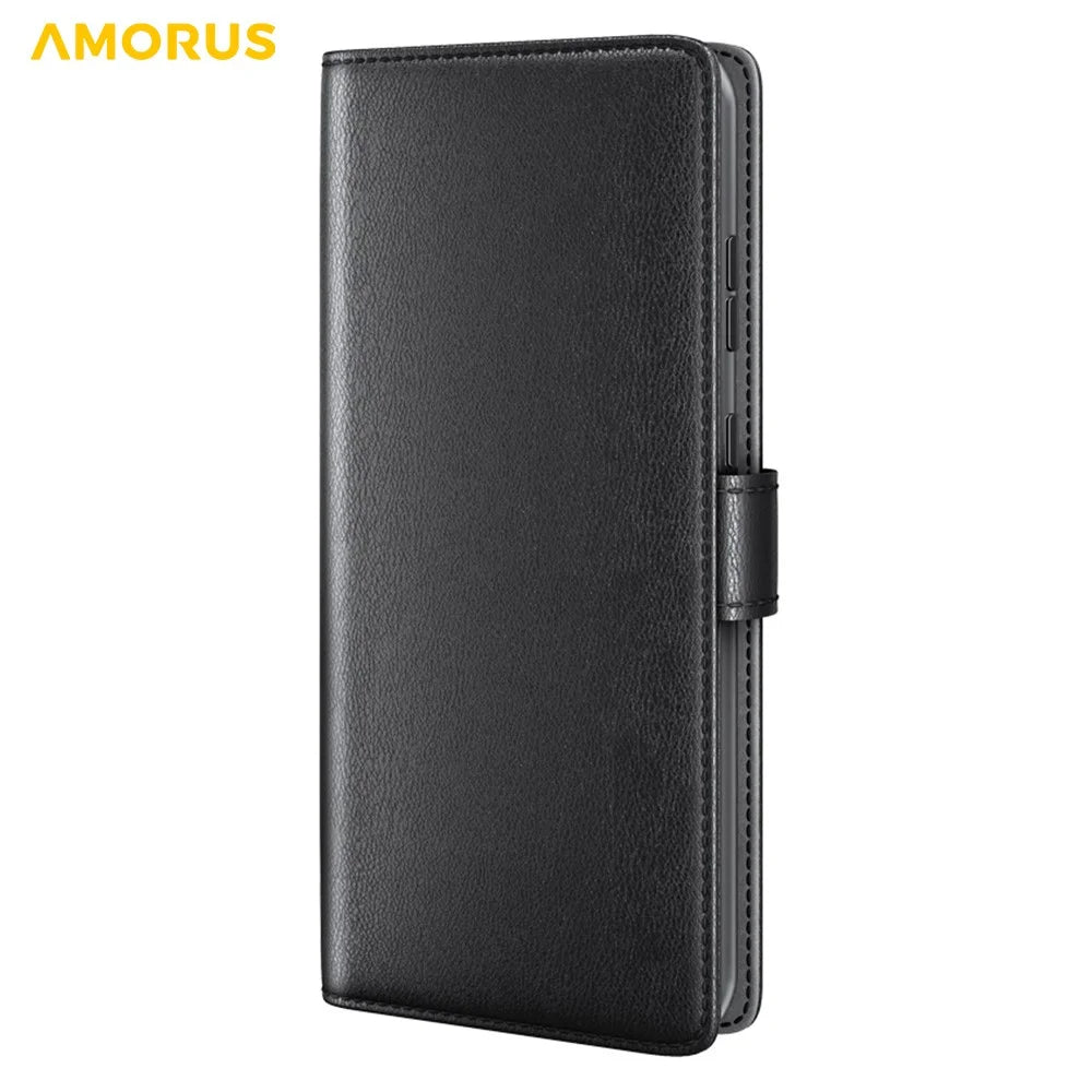 AMORUS For iPhone 17 Stand Cases Calf Texture Genuine Split Leather Wallet Phone Cover - Black - 7