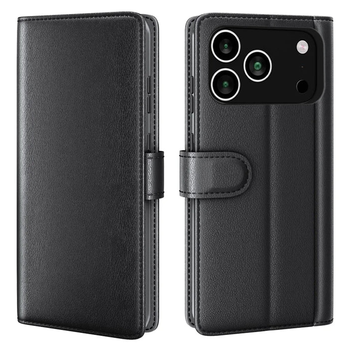 AMORUS For iPhone 18 Pro / 17 Pro Stand Cases Calf Texture Genuine Split Leather Wallet Phone Cover - Black - 1