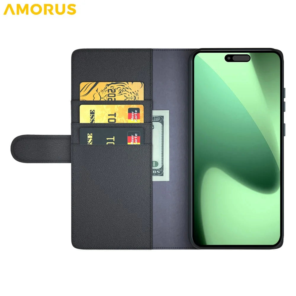 AMORUS For iPhone 18 Pro / 17 Pro Stand Cases Calf Texture Genuine Split Leather Wallet Phone Cover - Black - 2