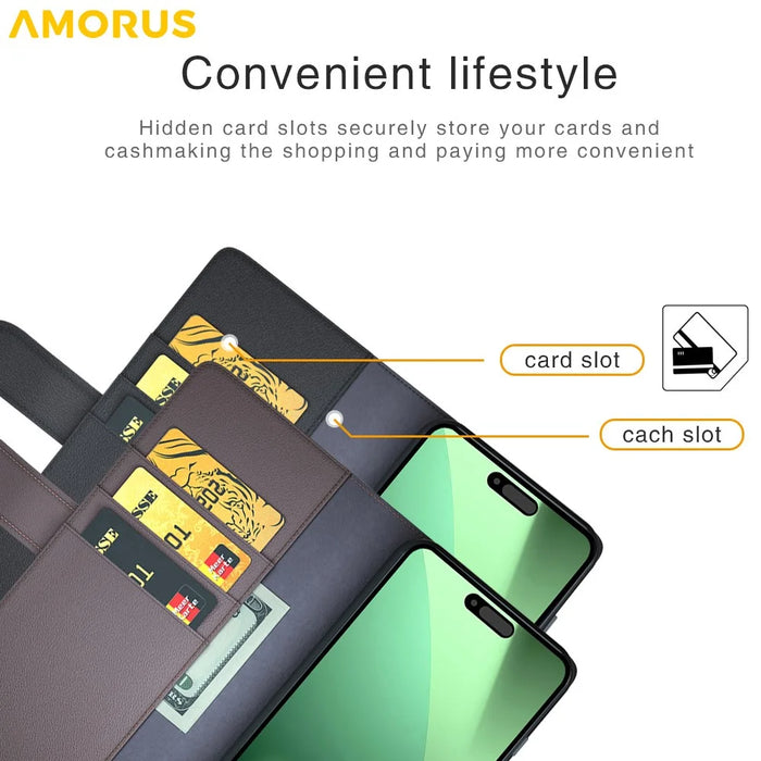 AMORUS For iPhone 18 Pro / 17 Pro Stand Cases Calf Texture Genuine Split Leather Wallet Phone Cover - Black - 4