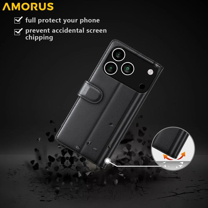 AMORUS For iPhone 18 Pro / 17 Pro Stand Cases Calf Texture Genuine Split Leather Wallet Phone Cover - Black - 5