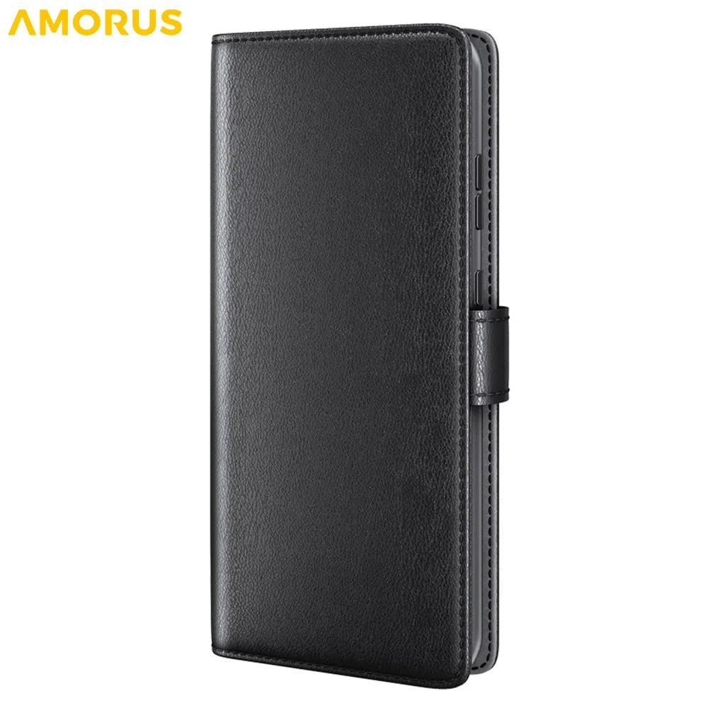 AMORUS For iPhone 18 Pro / 17 Pro Stand Cases Calf Texture Genuine Split Leather Wallet Phone Cover - Black - 6