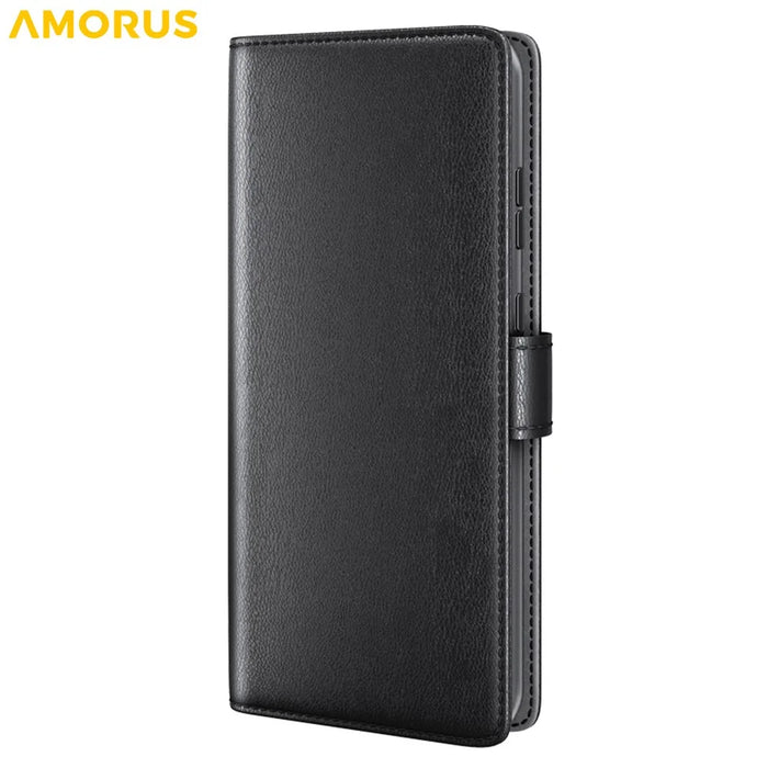AMORUS For iPhone 18 Pro / 17 Pro Stand Cases Calf Texture Genuine Split Leather Wallet Phone Cover - Black - 6