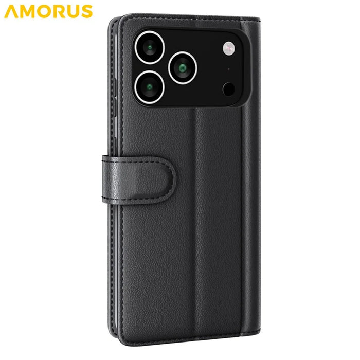 AMORUS For iPhone 18 Pro / 17 Pro Stand Cases Calf Texture Genuine Split Leather Wallet Phone Cover - Black - 7