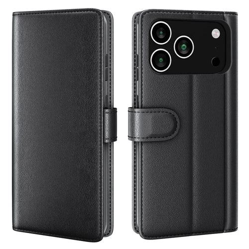 AMORUS For iPhone 18 Pro Max / 17 Pro Max Stand Cases Calf Texture Genuine Split Leather Wallet Phone Cover - Black - 1