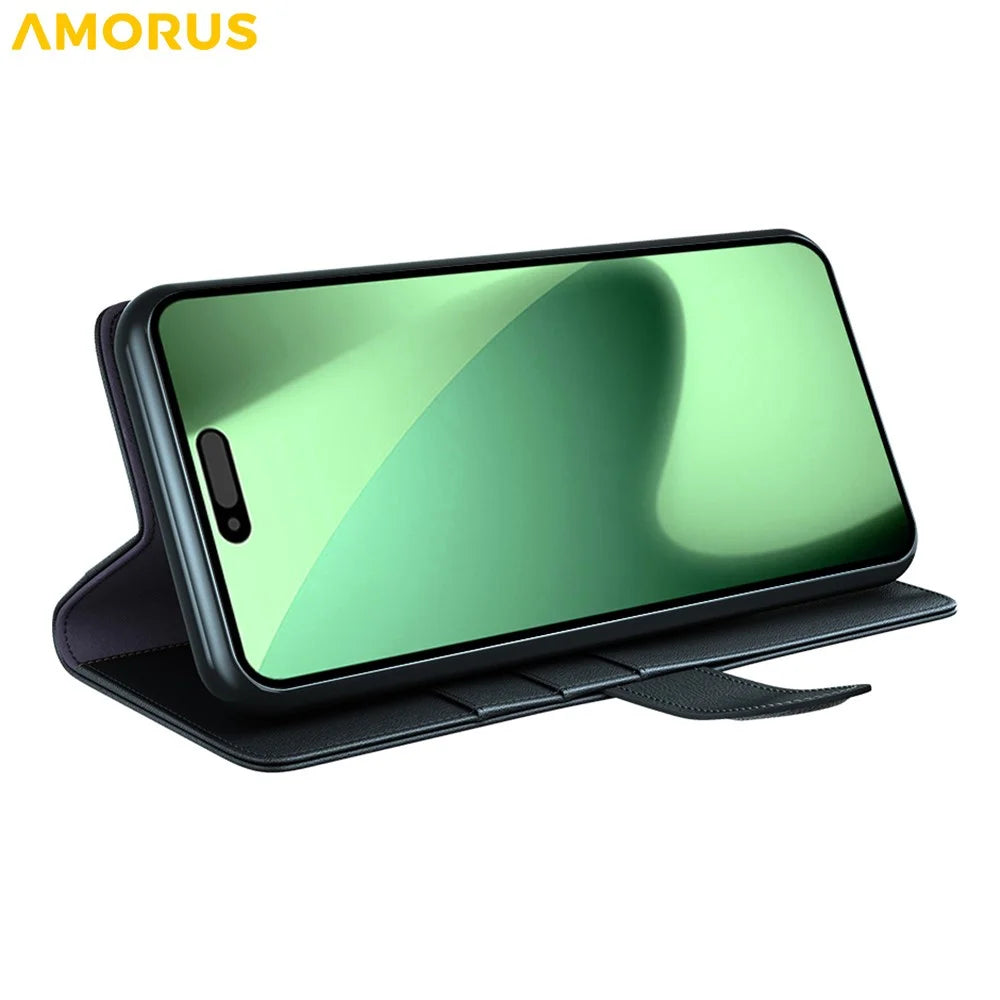 AMORUS For iPhone 18 Pro Max / 17 Pro Max Stand Cases Calf Texture Genuine Split Leather Wallet Phone Cover - Black - 3