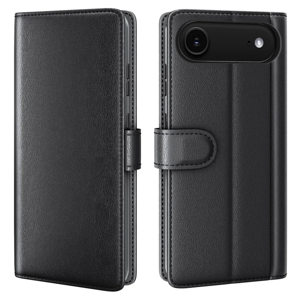 AMORUS For 	iPhone Air Stand Cases Calf Texture Genuine Split Leather Wallet Phone Cover - Black - 1