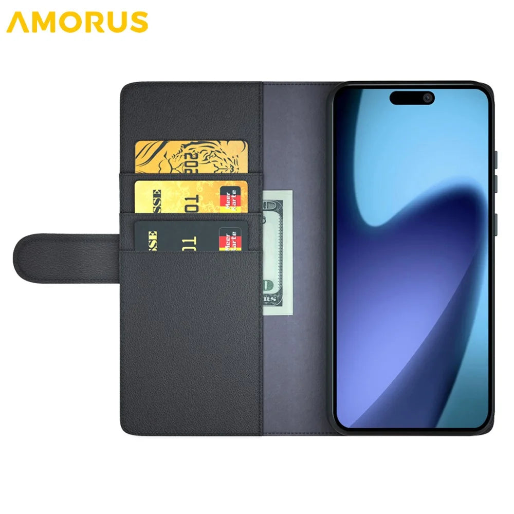 AMORUS For 	iPhone Air Stand Cases Calf Texture Genuine Split Leather Wallet Phone Cover - Black - 2