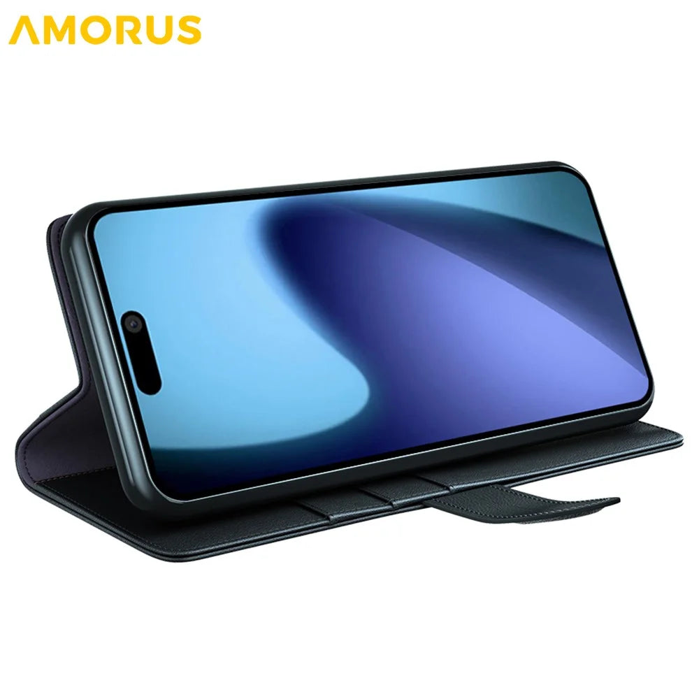 AMORUS For 	iPhone Air Stand Cases Calf Texture Genuine Split Leather Wallet Phone Cover - Black - 3