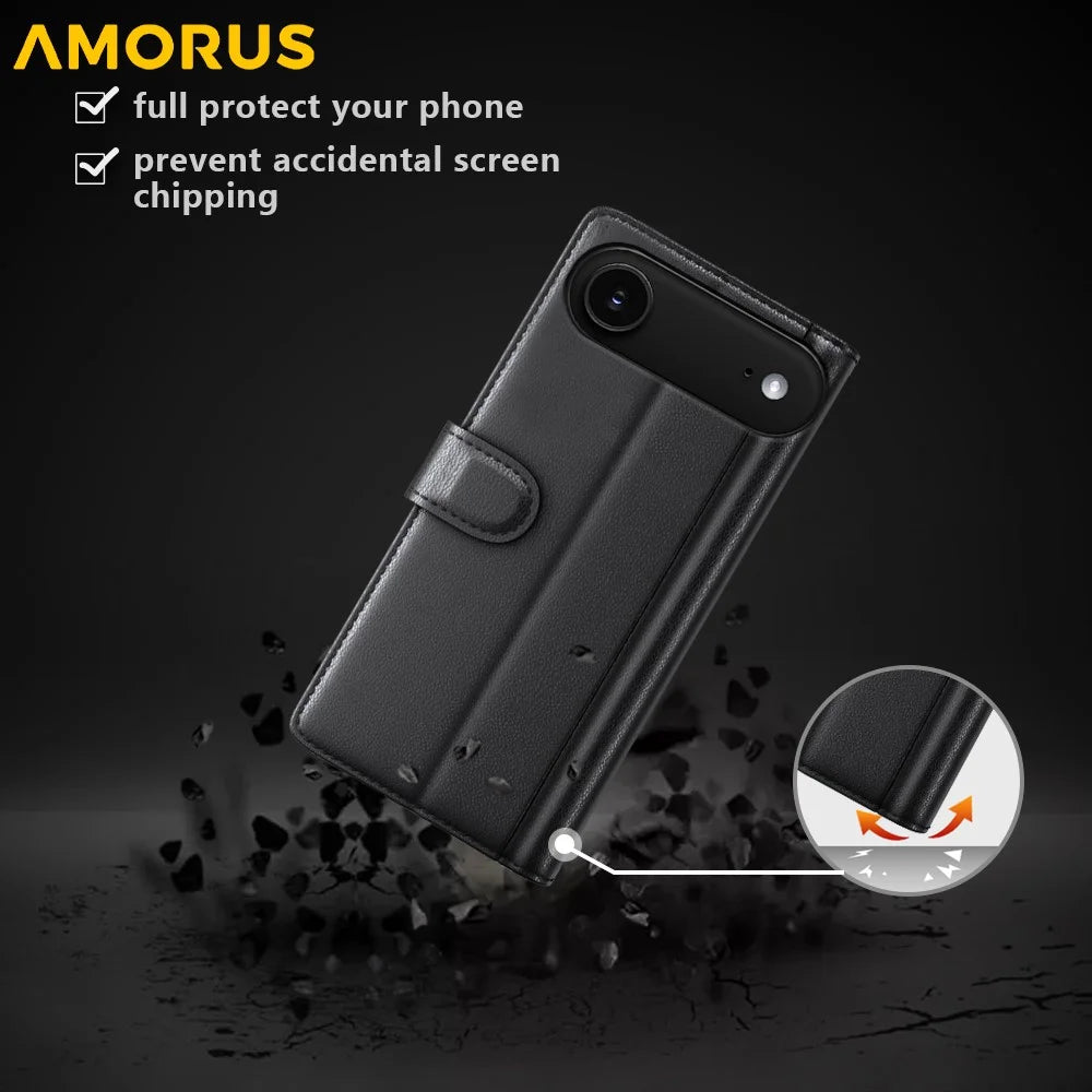 AMORUS For 	iPhone Air Stand Cases Calf Texture Genuine Split Leather Wallet Phone Cover - Black - 4