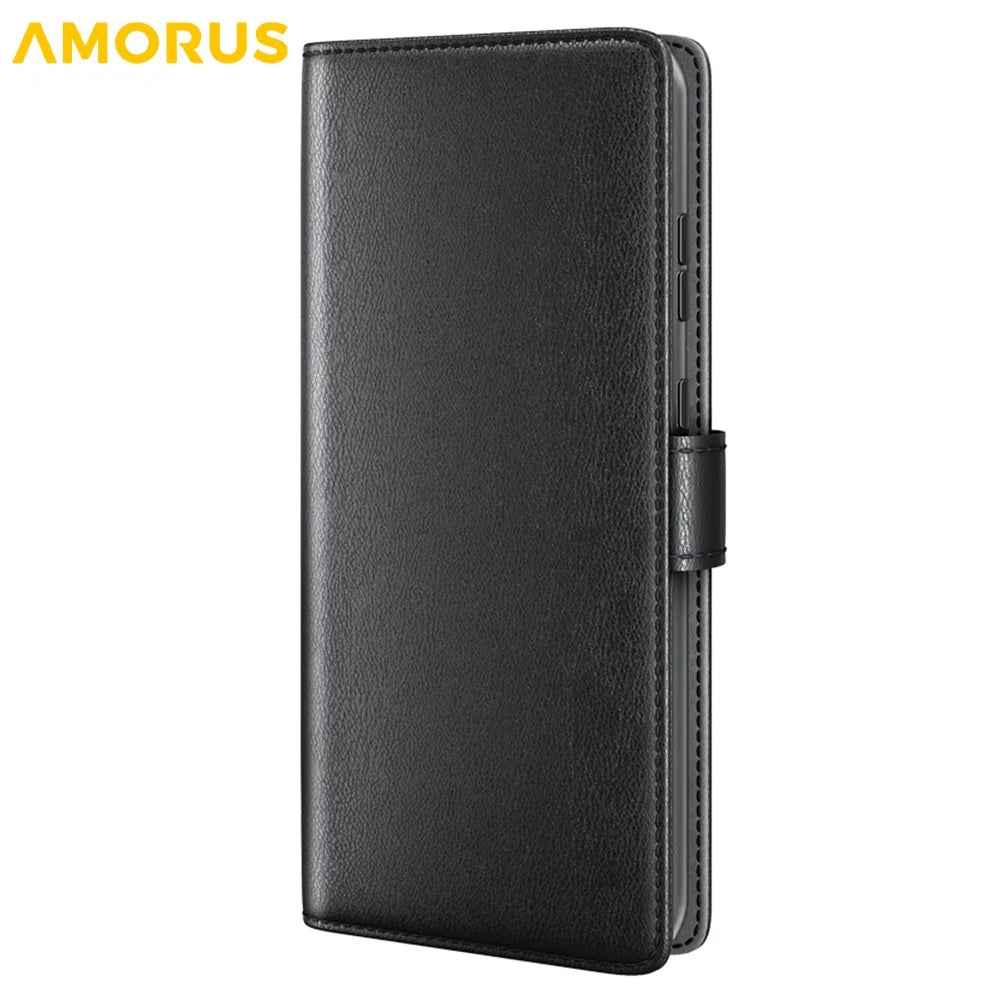AMORUS For 	iPhone Air Stand Cases Calf Texture Genuine Split Leather Wallet Phone Cover - Black - 5