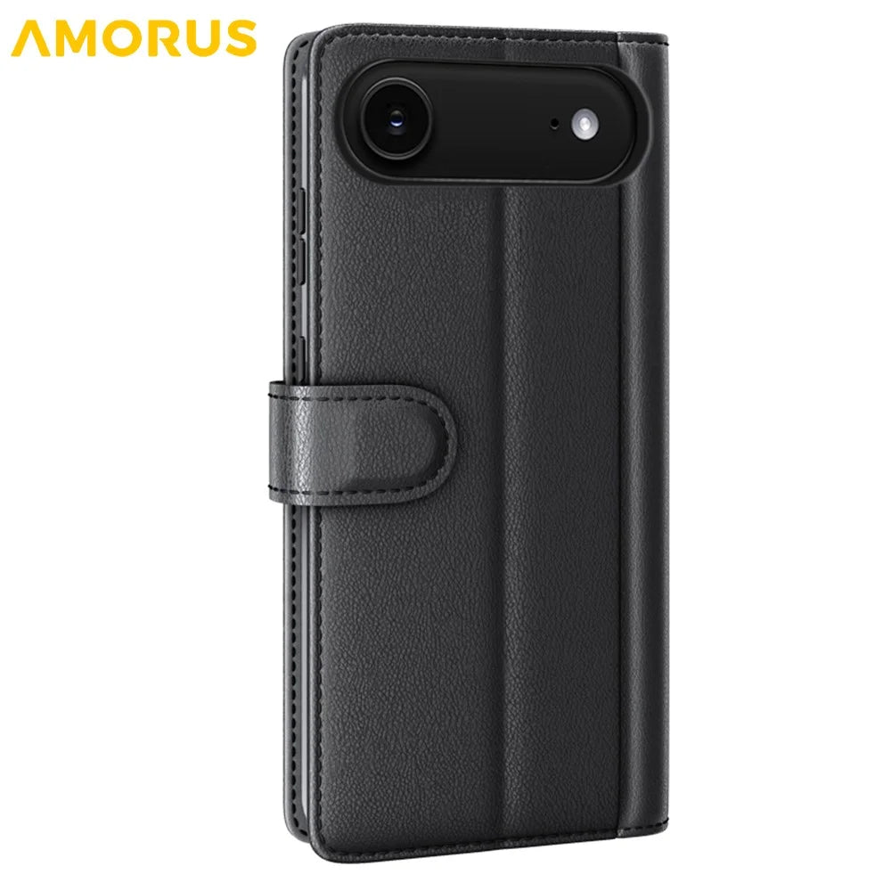 AMORUS For 	iPhone Air Stand Cases Calf Texture Genuine Split Leather Wallet Phone Cover - Black - 6