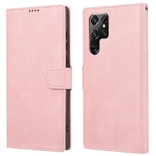 For Samsung Galaxy S23 Ultra Full Protection Phone Case Foldable Stand Magnetic Closure Anti-drop Flip Wallet Cover with Strap - Pink - 1