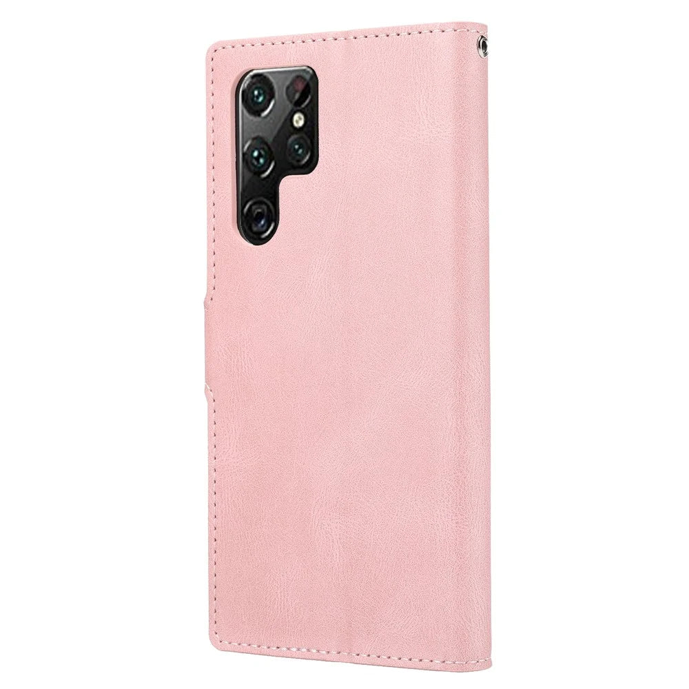 For Samsung Galaxy S23 Ultra Full Protection Phone Case Foldable Stand Magnetic Closure Anti-drop Flip Wallet Cover with Strap - Pink - 3