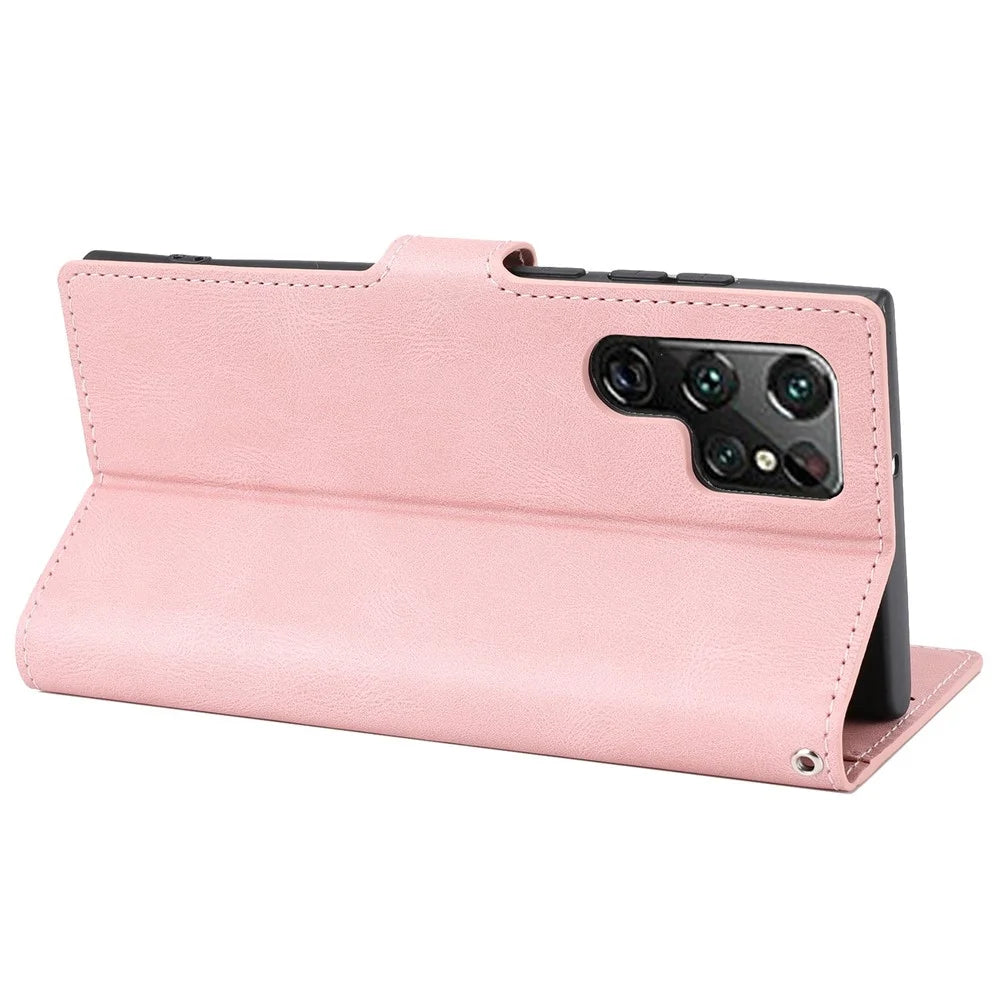 For Samsung Galaxy S23 Ultra Full Protection Phone Case Foldable Stand Magnetic Closure Anti-drop Flip Wallet Cover with Strap - Pink - 4