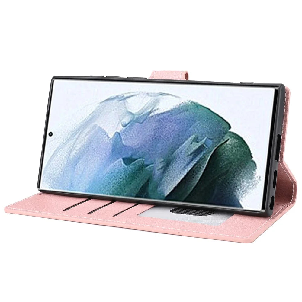 For Samsung Galaxy S23 Ultra Full Protection Phone Case Foldable Stand Magnetic Closure Anti-drop Flip Wallet Cover with Strap - Pink - 5