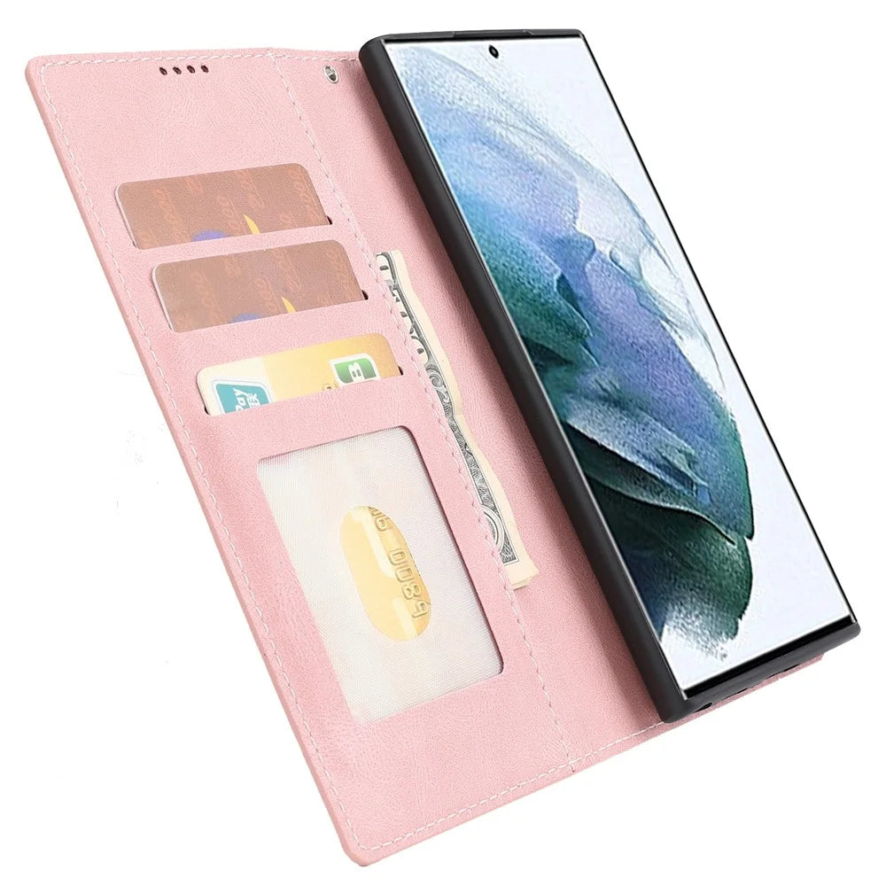 For Samsung Galaxy S23 Ultra Full Protection Phone Case Foldable Stand Magnetic Closure Anti-drop Flip Wallet Cover with Strap - Pink - 6