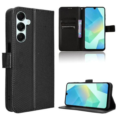 For Samsung Galaxy A18 5G / A18 4G / A17 5G / A17 4G / A26 5G / A16 5G / A16 4G Leather Wallet Case with Strap Diamond Texture Phone Cover - Black - 1