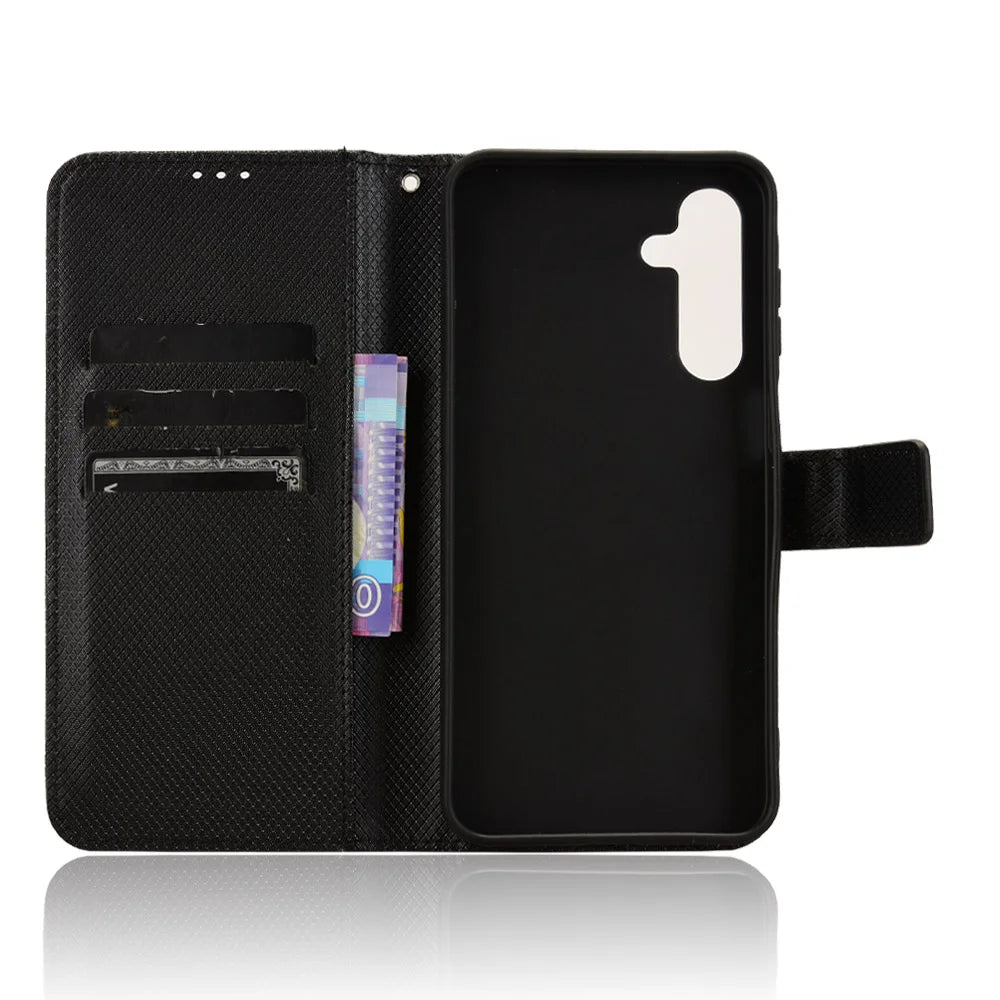 For Samsung Galaxy A18 5G / A18 4G / A17 5G / A17 4G / A26 5G / A16 5G / A16 4G Leather Wallet Case with Strap Diamond Texture Phone Cover - Black - 5