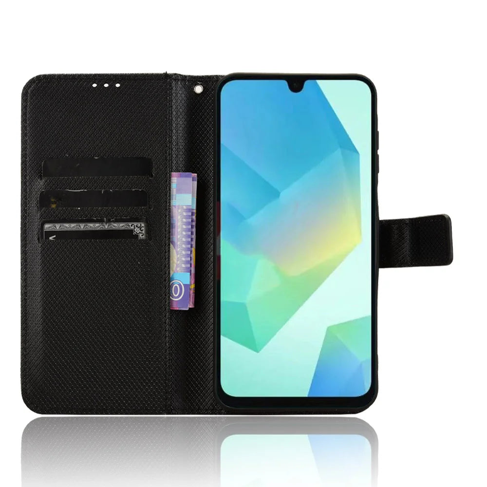 For Samsung Galaxy A18 5G / A18 4G / A17 5G / A17 4G / A26 5G / A16 5G / A16 4G Leather Wallet Case with Strap Diamond Texture Phone Cover - Black - 6