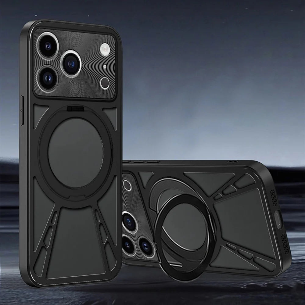 For iPhone 17 Pro Max Case Magnetic Kickstand Hollow Heat Dissipation Silicone + PC + Metal Bumper Phone Cover - Black - 2