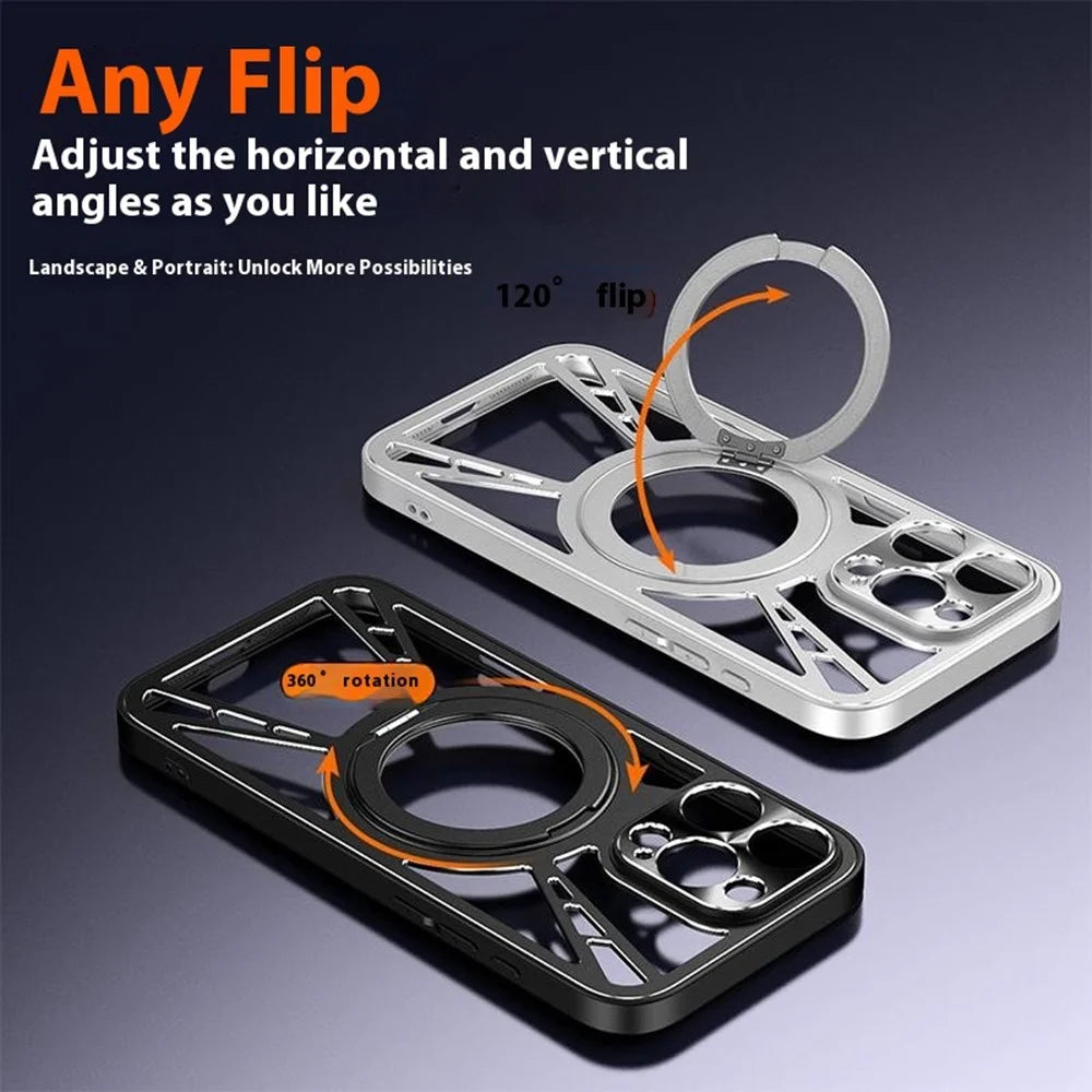 For iPhone 17 Pro Max Case Magnetic Kickstand Hollow Heat Dissipation Silicone + PC + Metal Bumper Phone Cover - Black - 5