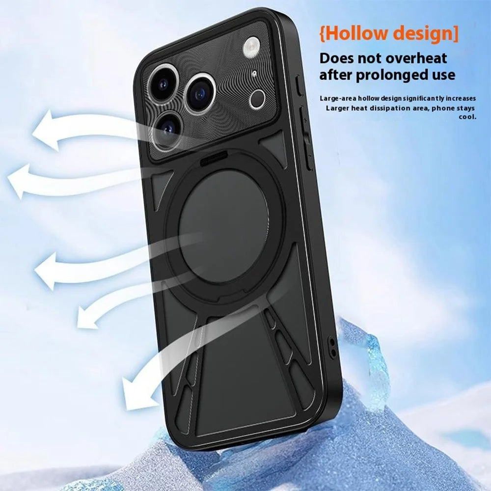 For iPhone 17 Pro Max Case Magnetic Kickstand Hollow Heat Dissipation Silicone + PC + Metal Bumper Phone Cover - Black - 7