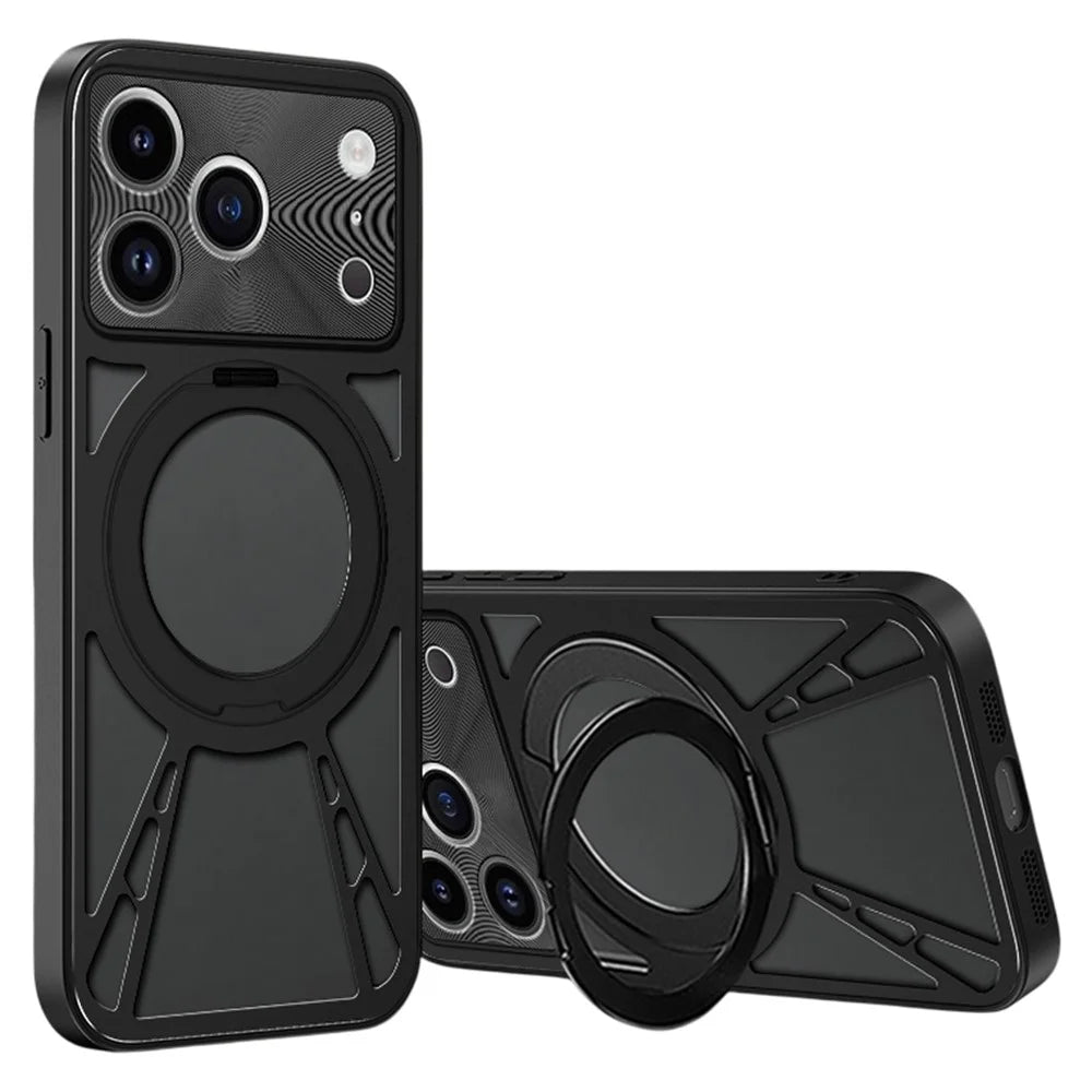 For iPhone 17 Pro Case Magnetic Kickstand Hollow Heat Dissipation Silicone + PC + Metal Bumper Phone Cover - Black - 1