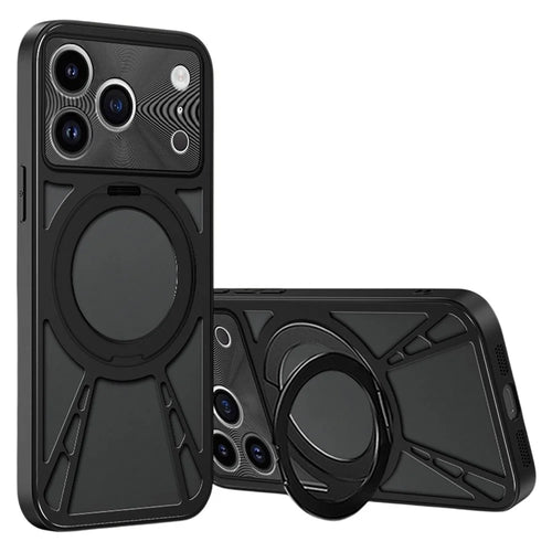 For iPhone 17 Pro Case Magnetic Kickstand Hollow Heat Dissipation Silicone + PC + Metal Bumper Phone Cover - Black - 1