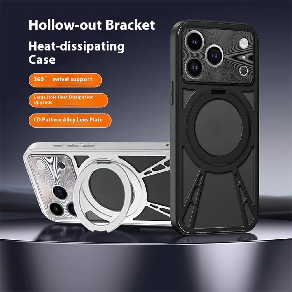 For iPhone 17 Pro Case Magnetic Kickstand Hollow Heat Dissipation Silicone + PC + Metal Bumper Phone Cover - Black - 3