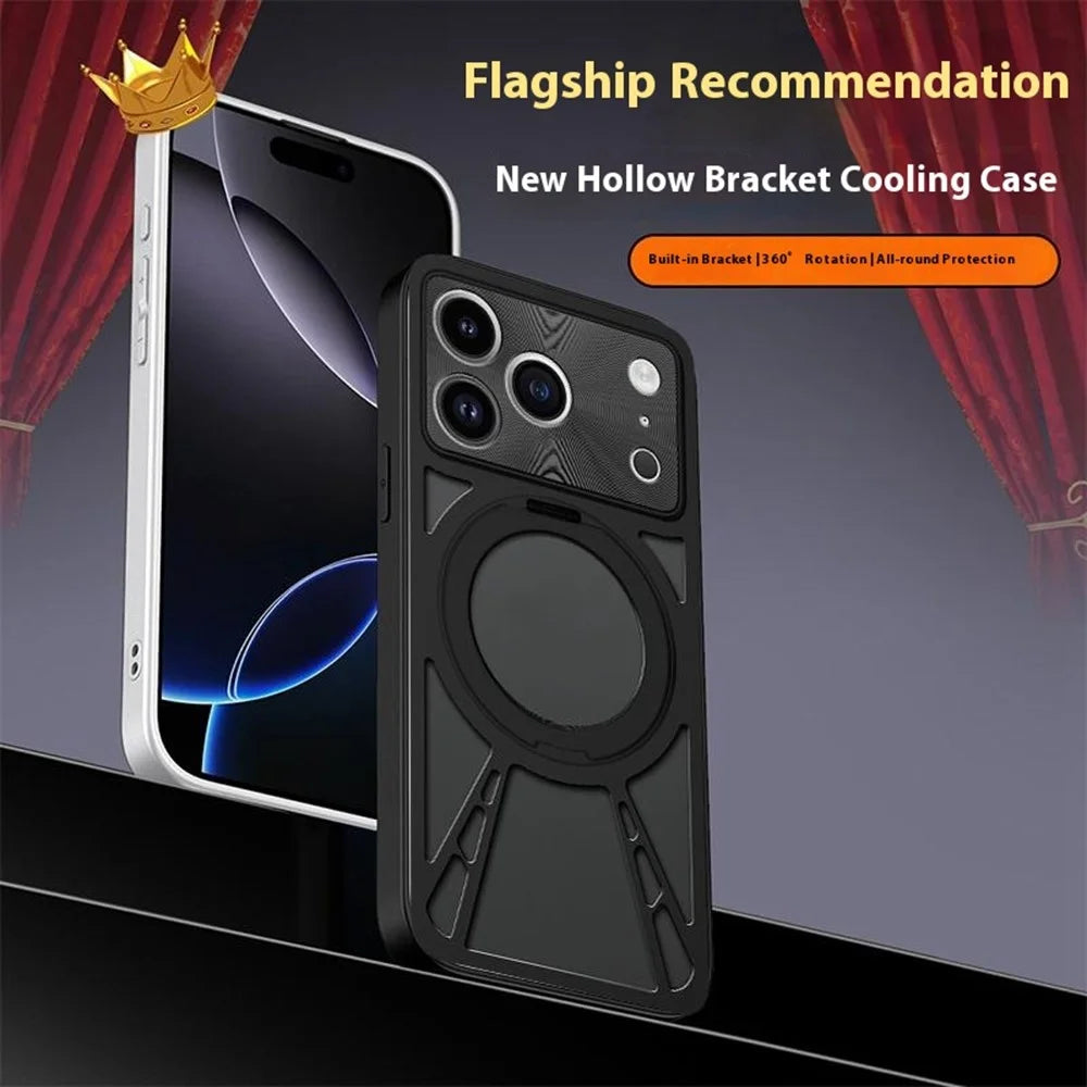 For iPhone 17 Pro Case Magnetic Kickstand Hollow Heat Dissipation Silicone + PC + Metal Bumper Phone Cover - Black - 4