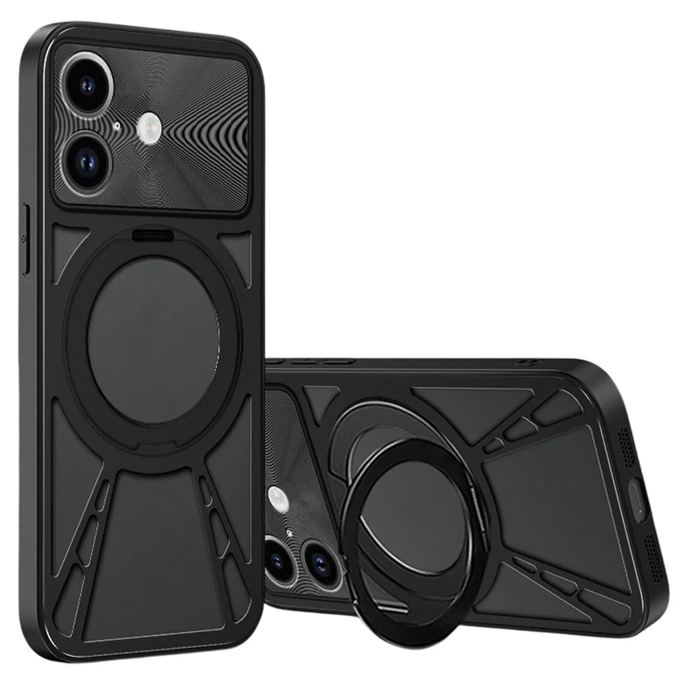For iPhone 17 Case Magnetic Kickstand Hollow Heat Dissipation Silicone + PC + Metal Bumper Phone Cover - Black - 1