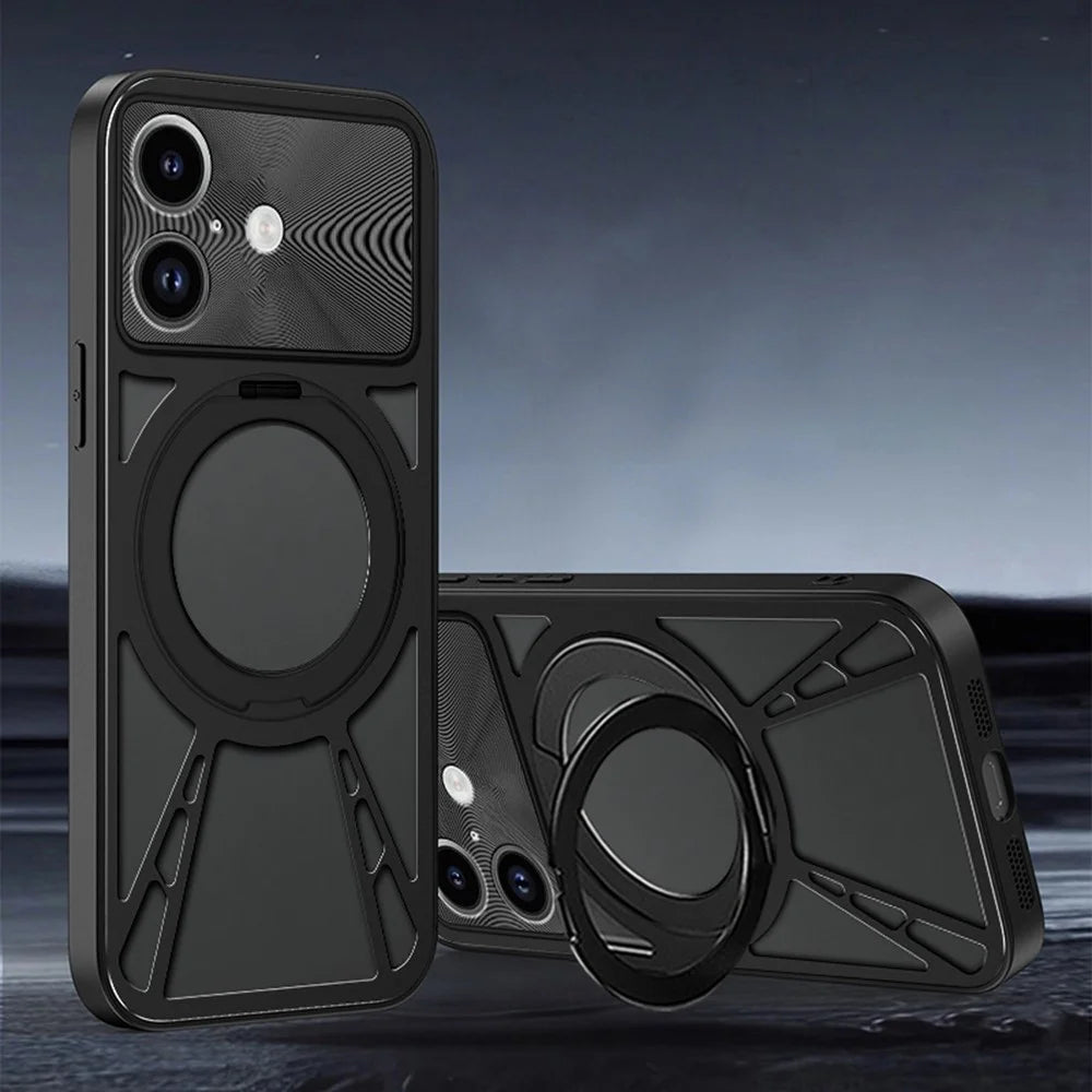 For iPhone 17 Case Magnetic Kickstand Hollow Heat Dissipation Silicone + PC + Metal Bumper Phone Cover - Black - 2