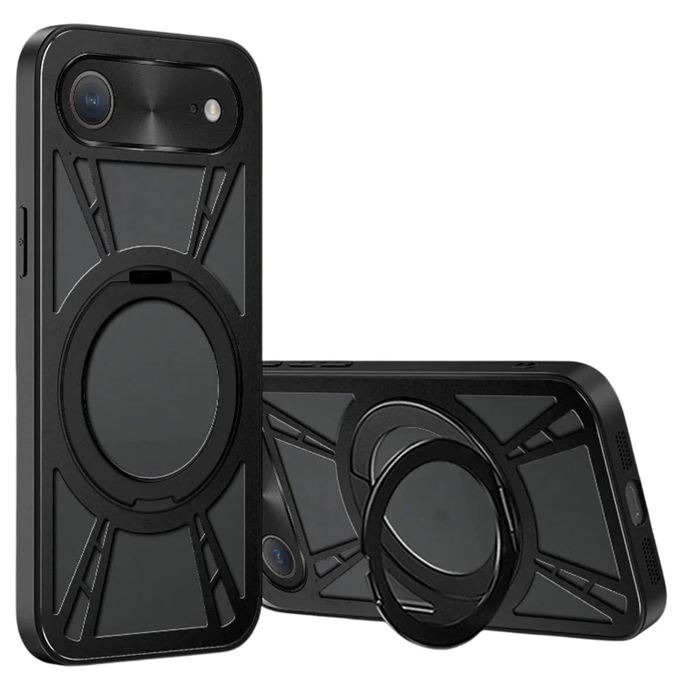 For iPhone Air Case Magnetic Kickstand Hollow Heat Dissipation Silicone + PC + Metal Bumper Phone Cover - Black - 1