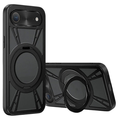 For iPhone Air Case Magnetic Kickstand Hollow Heat Dissipation Silicone + PC + Metal Bumper Phone Cover - Black - 1