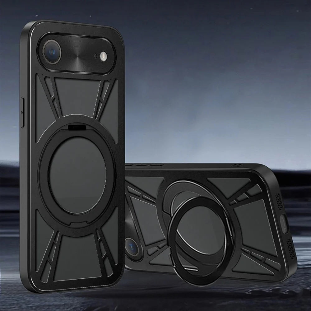 For iPhone Air Case Magnetic Kickstand Hollow Heat Dissipation Silicone + PC + Metal Bumper Phone Cover - Black - 2