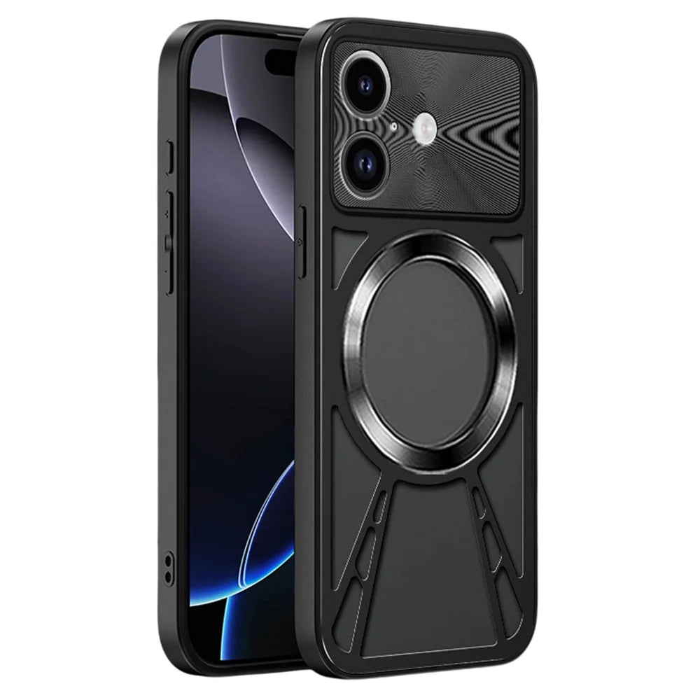 For iPhone 17 Case Magnetic Case Hollow Heat Dissipation PC + Silicone Phone Coverr - Black - 1