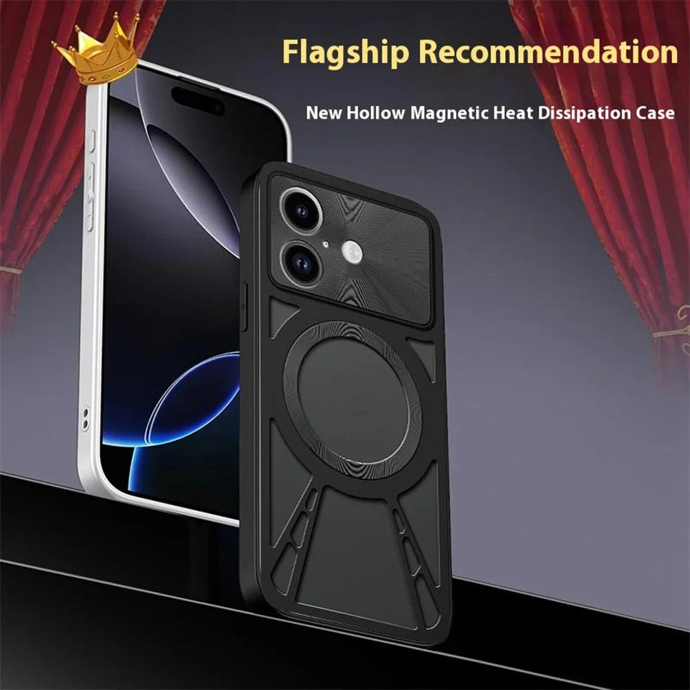 For iPhone 17 Case Magnetic Case Hollow Heat Dissipation PC + Silicone Phone Coverr - Black - 4