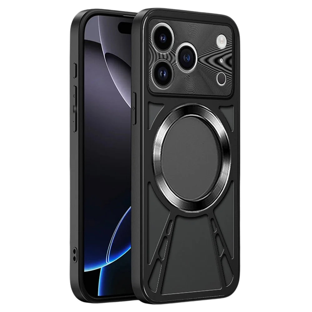 For iPhone 17 Pro Max Case Magnetic Case Hollow Heat Dissipation PC + Silicone Phone Coverr - Black - 1