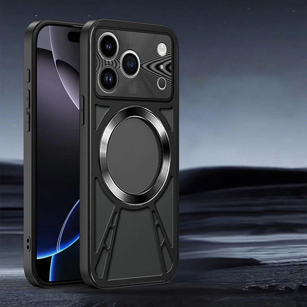 For iPhone 17 Pro Max Case Magnetic Case Hollow Heat Dissipation PC + Silicone Phone Coverr - Black - 2