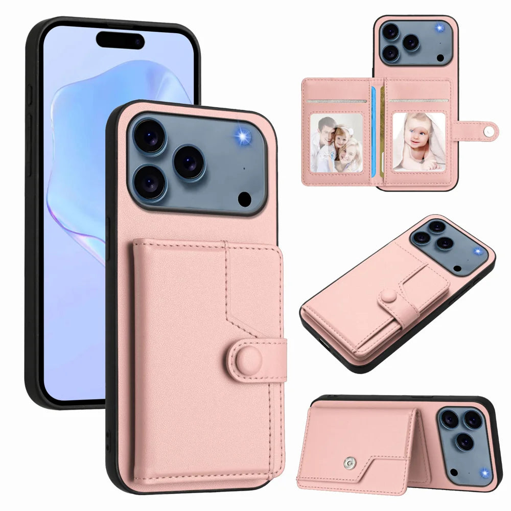 For iPhone 18 Pro Max / 17 Pro Max Case RFID Blocking Card Holder Kickstand TPU + PU Leather Phone Back Cover - Rose Gold - 1