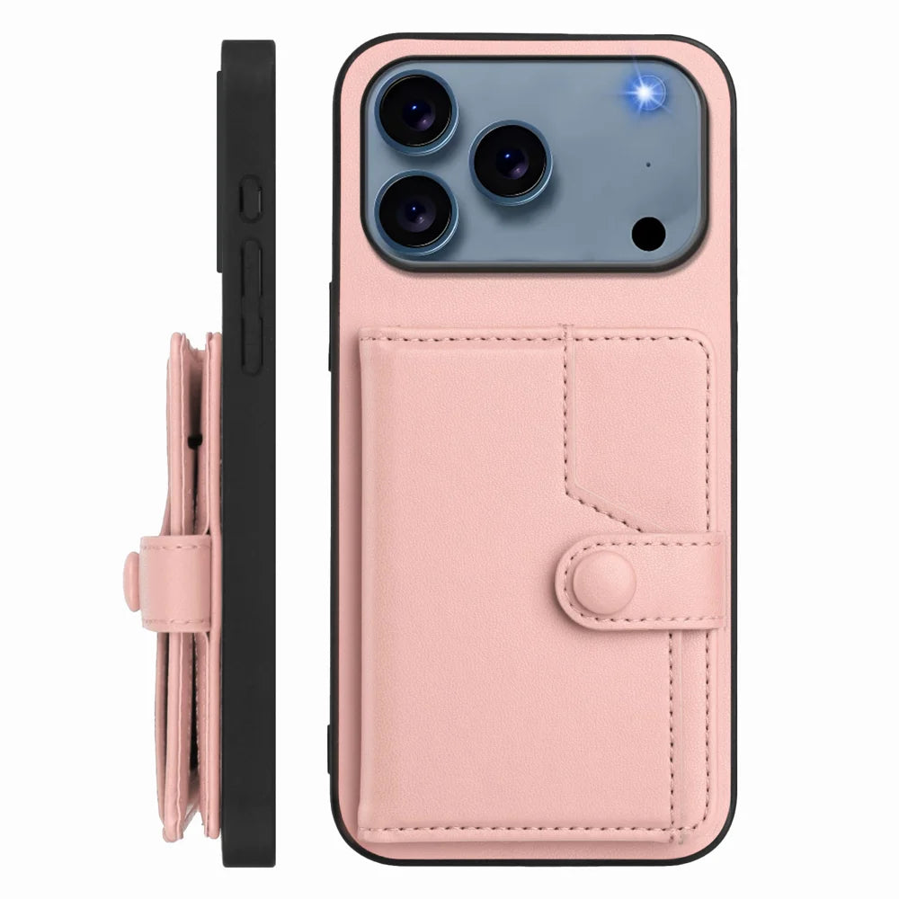 For iPhone 18 Pro Max / 17 Pro Max Case RFID Blocking Card Holder Kickstand TPU + PU Leather Phone Back Cover - Rose Gold - 2
