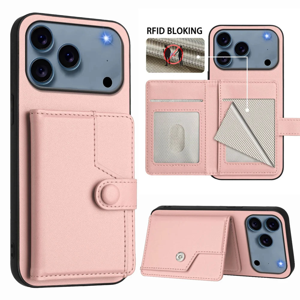 For iPhone 18 Pro Max / 17 Pro Max Case RFID Blocking Card Holder Kickstand TPU + PU Leather Phone Back Cover - Rose Gold - 3